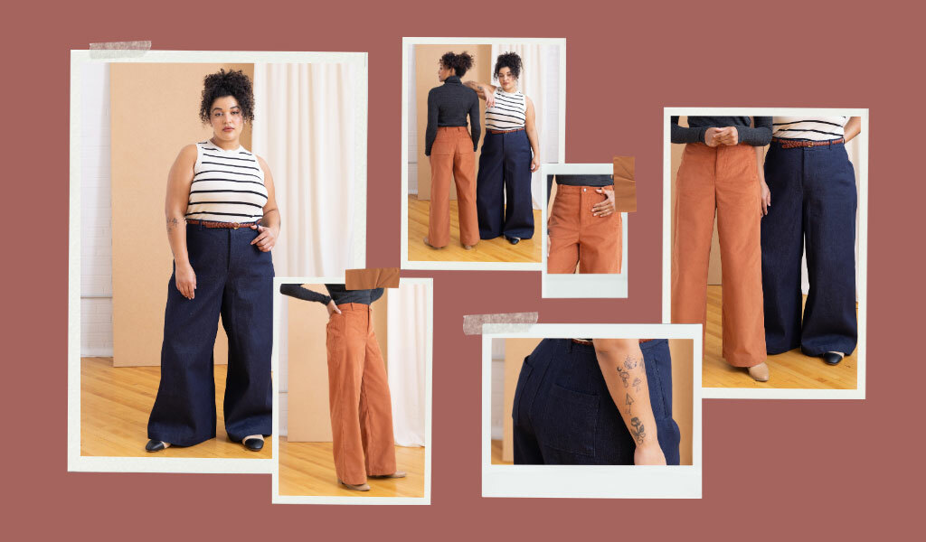 Collage of images of the Noah trousers pattern sewn in denum and corduroy fabric