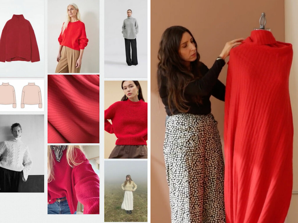 mood board and red fabric on a dress form