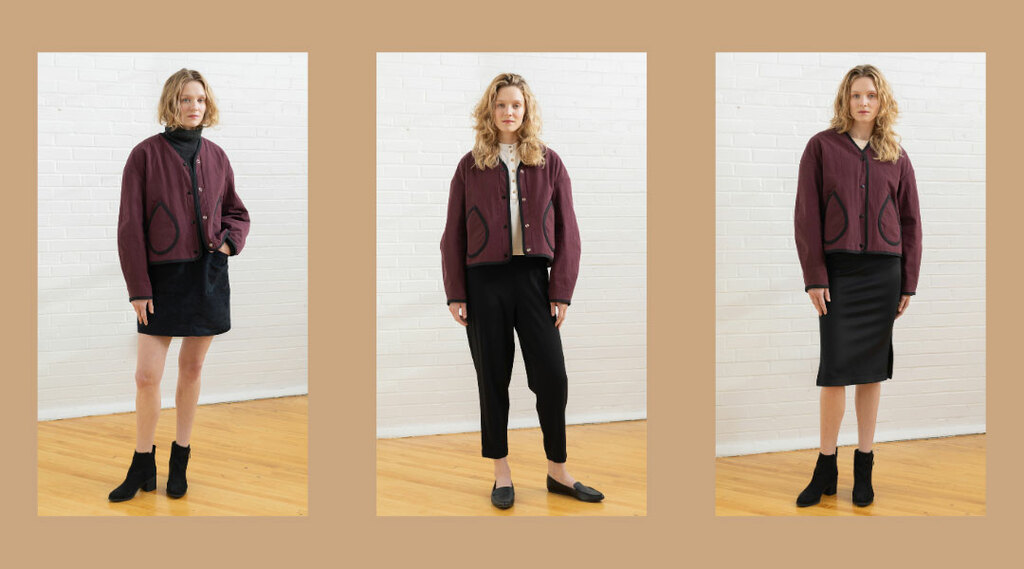 The Basil jacket worn with three different outfits